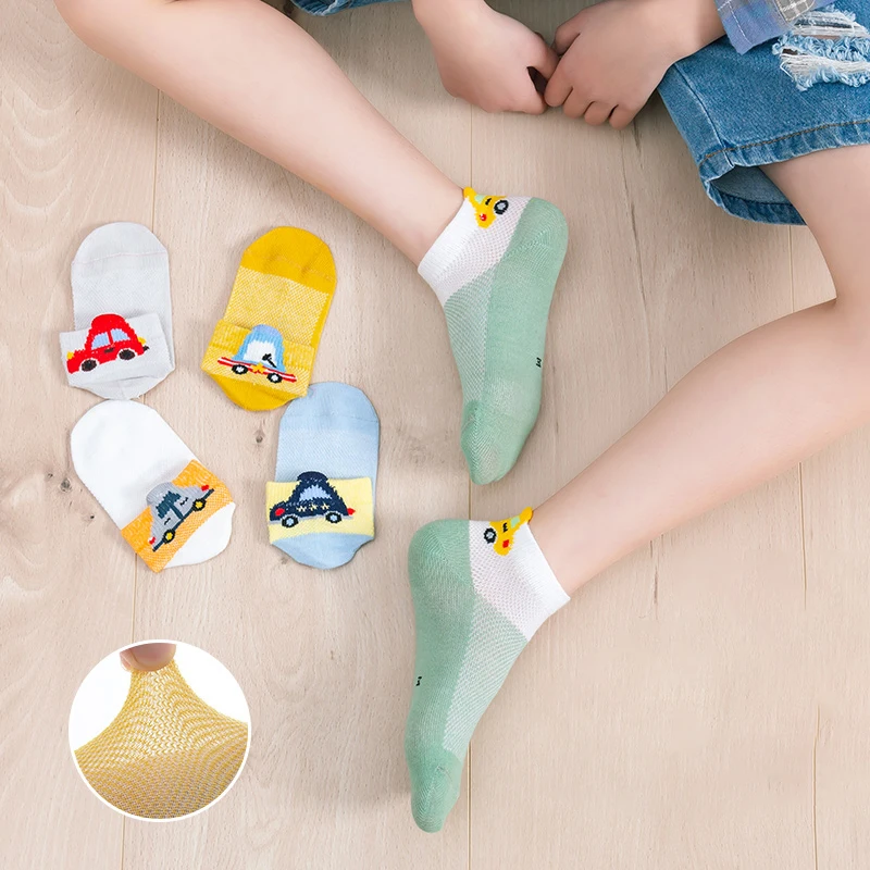  A130 High quality 5 Pairs/Set non-slip mesh baby socks cartoon 3D car cute breathable kids