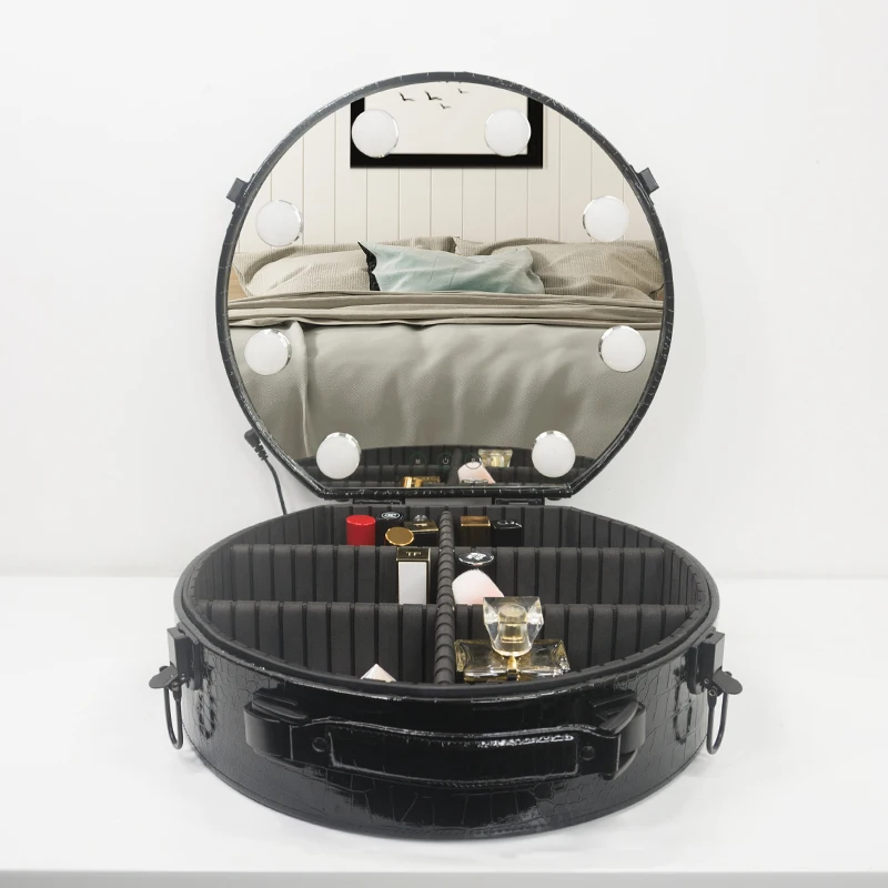 Beauty Case with Full Mirror Waterproof EVA Dividers Makeup Train Case PU Cosmetic Organizer