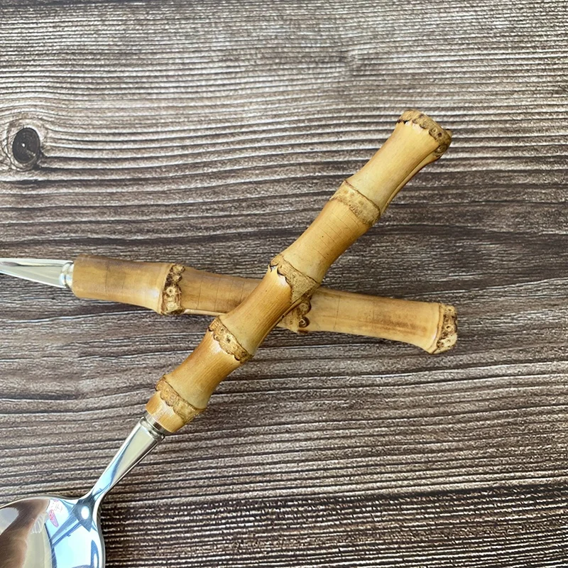 Snyno 100% Natural Bamboo Handle Flatware Set 304 Stainless Steel Spoon Fork Knife Bamboo Handle Cutlery