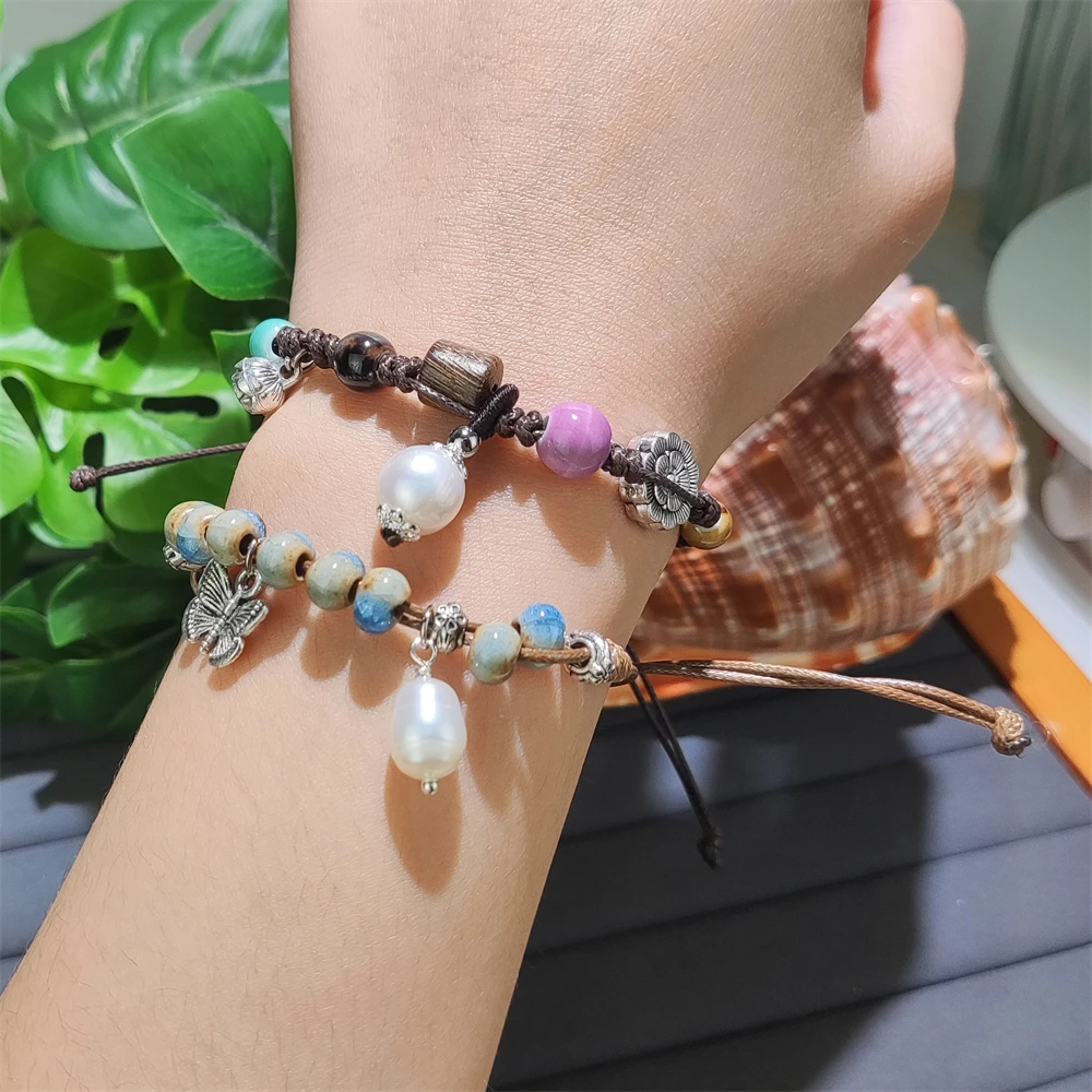 Handmade Braided Bohemian Jewelry Butterfly Real Pearl Charm Ceramic Beaded Bracelet Hand Knit Rope Bracelets for Women Gifts