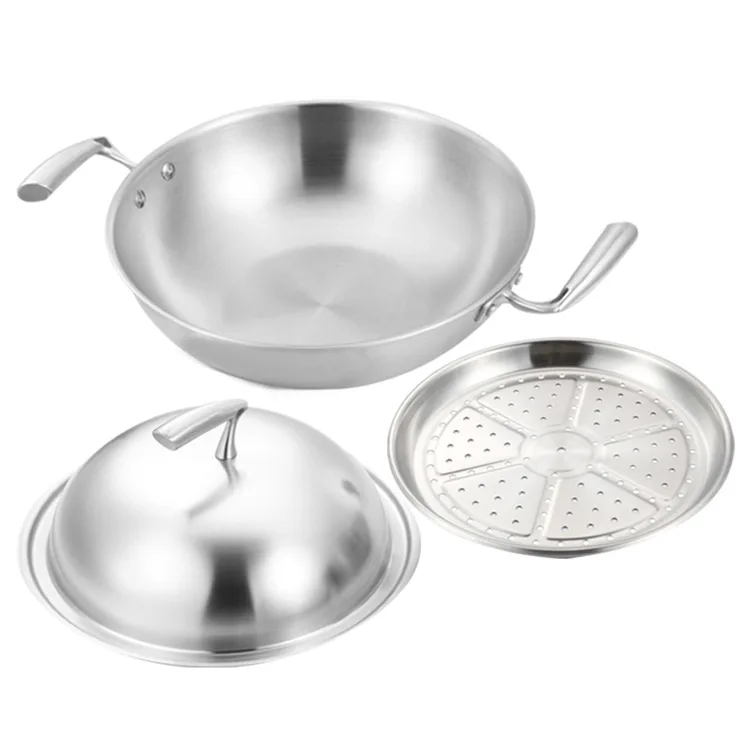 New Design Nonstick 304 Stainless Steel Frying Pan Deep Induction Wok Flat Bottom Gas Universal With Lid