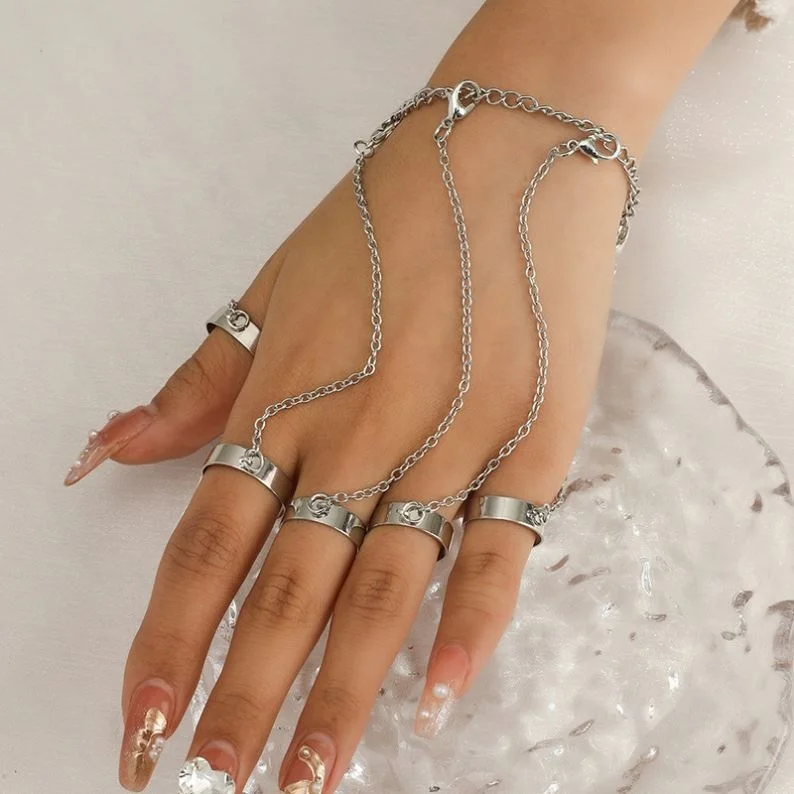 Punk Geometric Silver Color Chain Wrist Bracelet For Women Men Ring Charm Set Couple Emo Fashion Jewelry Gifts Pulsera Mujer