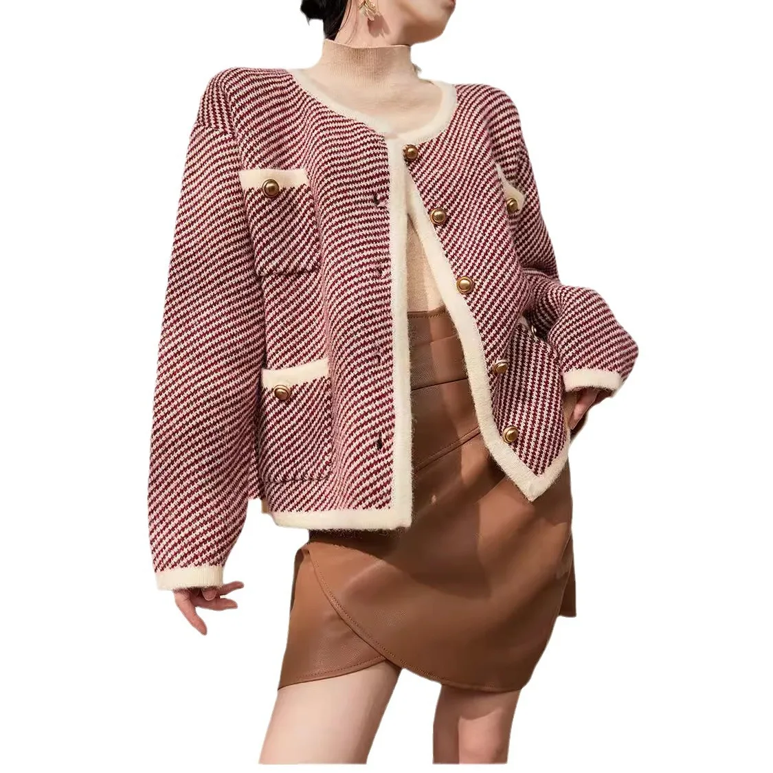 2024 new color contrast design knitted cardigan top senior sense retro temperament striped sweater