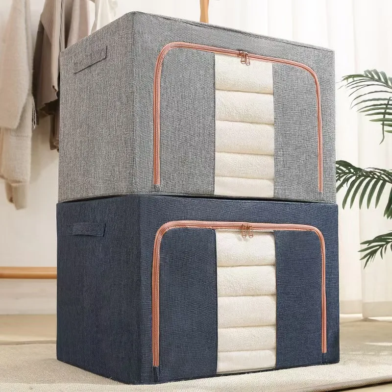 Foldable Clothes Storage Box Capacity Stackable Storage Bag with Metal Frame Dustproof Storage Box with Zipper for Home Room