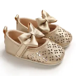 Gold Bow Pu Leather Baby Mary Jane Soft Sole Toddler Girl Dress Shoes