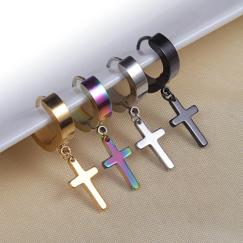 Stainless Steel Cross Hoop Earrings Allergy free Body Piercing Ear Cuff Clip On Stud  rings Women Men Gift Gold Fashion Jewelry