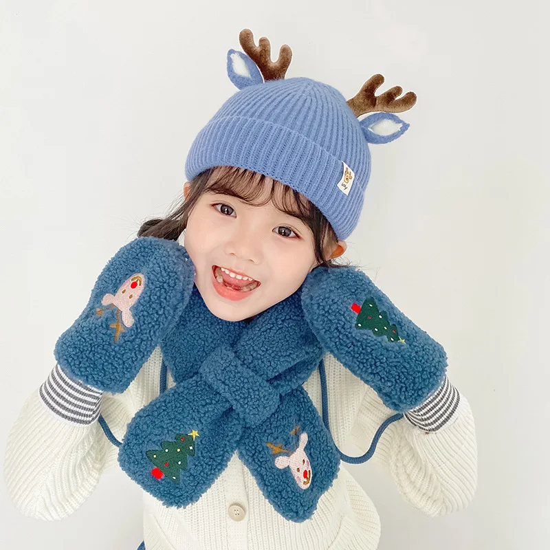 Baby Cashmere Hat and Scarf Sets Christmas Tree Mittens Gloves Kawaii Beanie for Boys Girls Knitted Antlers Headwear Child Hats