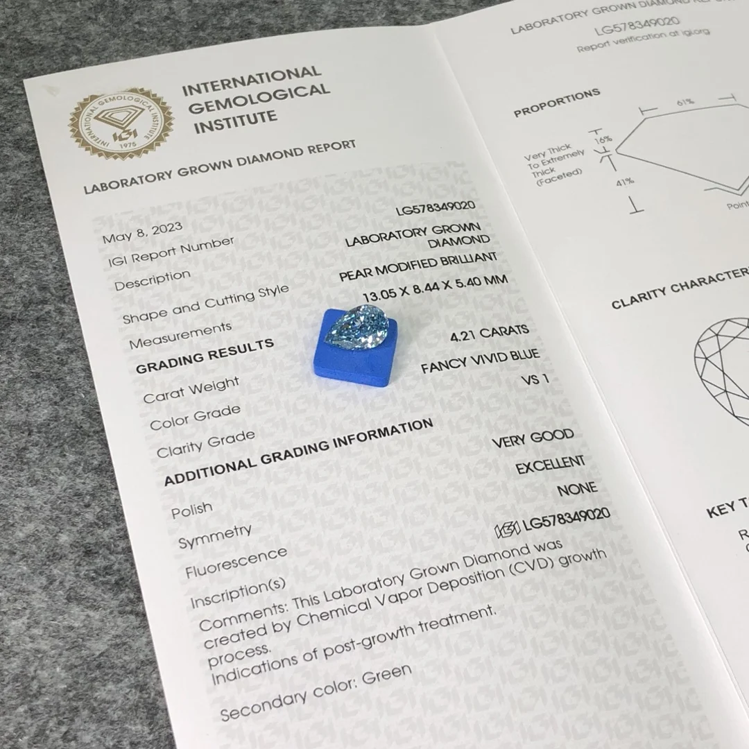 IGI Certified CVD Lab Grown Diamond Synthetic Fancy Vivid Blue Pear Cut Diamonds For Jewlery
