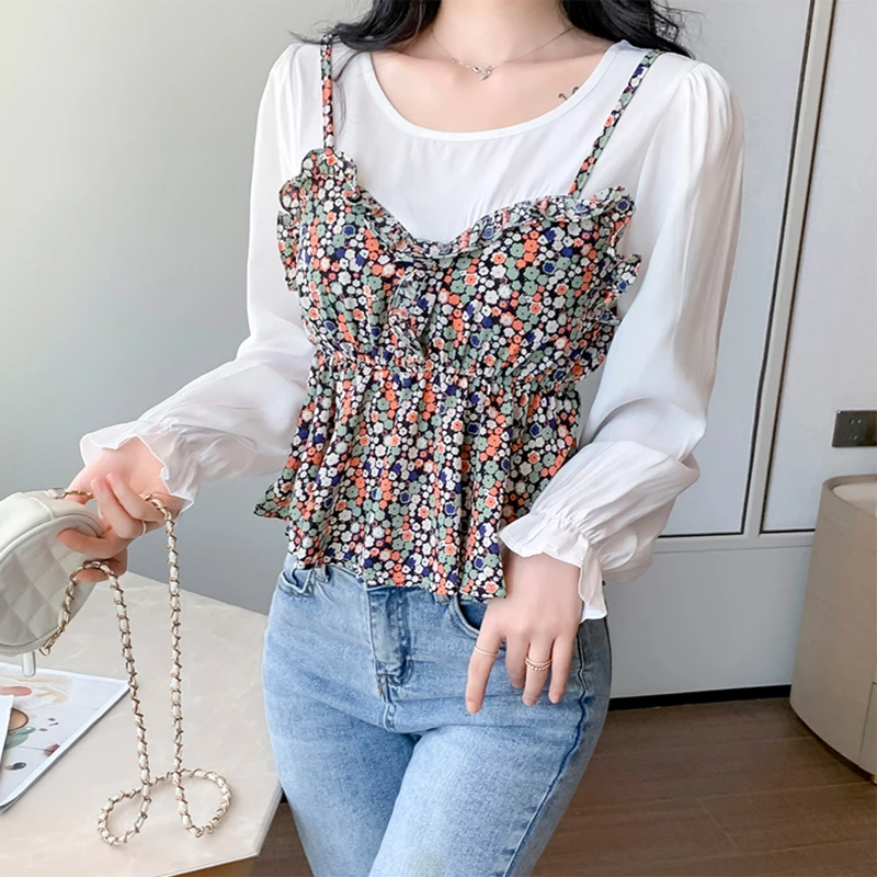 
Chiffon Blouse Elegant O Neck Women Bubble Long Sleeve patchwork Blouse Korean Fashion Ladies Sweet Floral Peplum Blouse 
