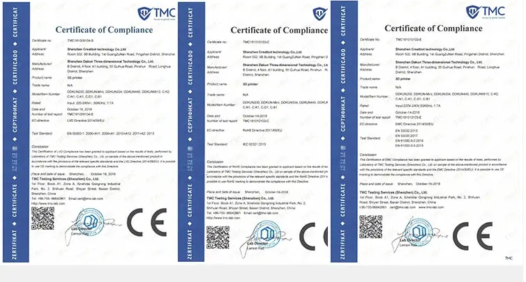 3d printer certificates
