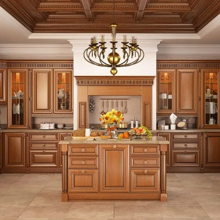 American Classical Style High Quality Espresso Solid Wood Kitchen Cabinet Design