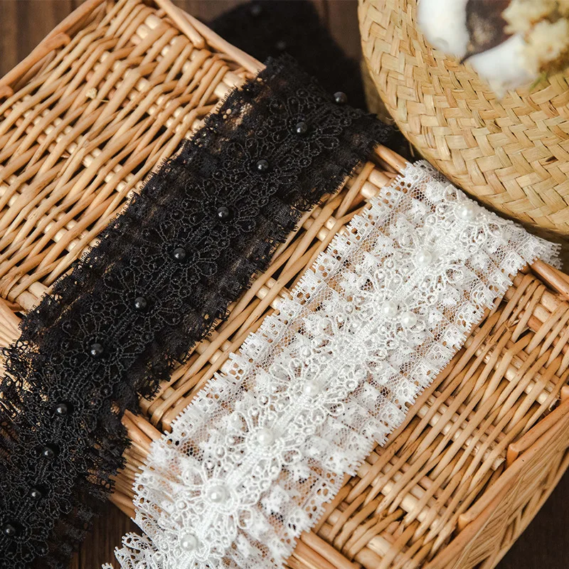 Width 6cm Pleated Black White Mesh Embroidery Lace Clothing Accessories For DIY Decoration Sleeves Neckline Skirt