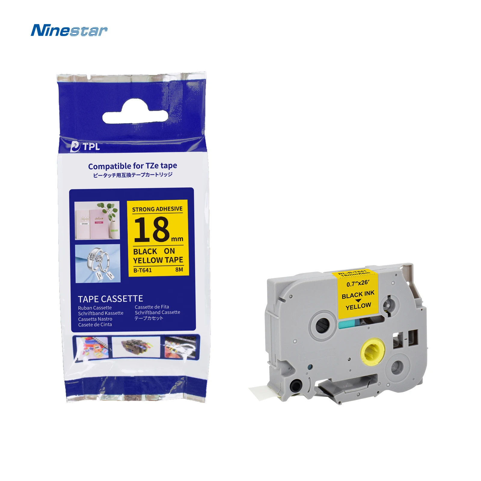 100% Compatible Brother 18mm*8m Black on Yellow Tze-641 Tze 641 Tz641 Tze 641 Tze Label Tape for P Touch Printer