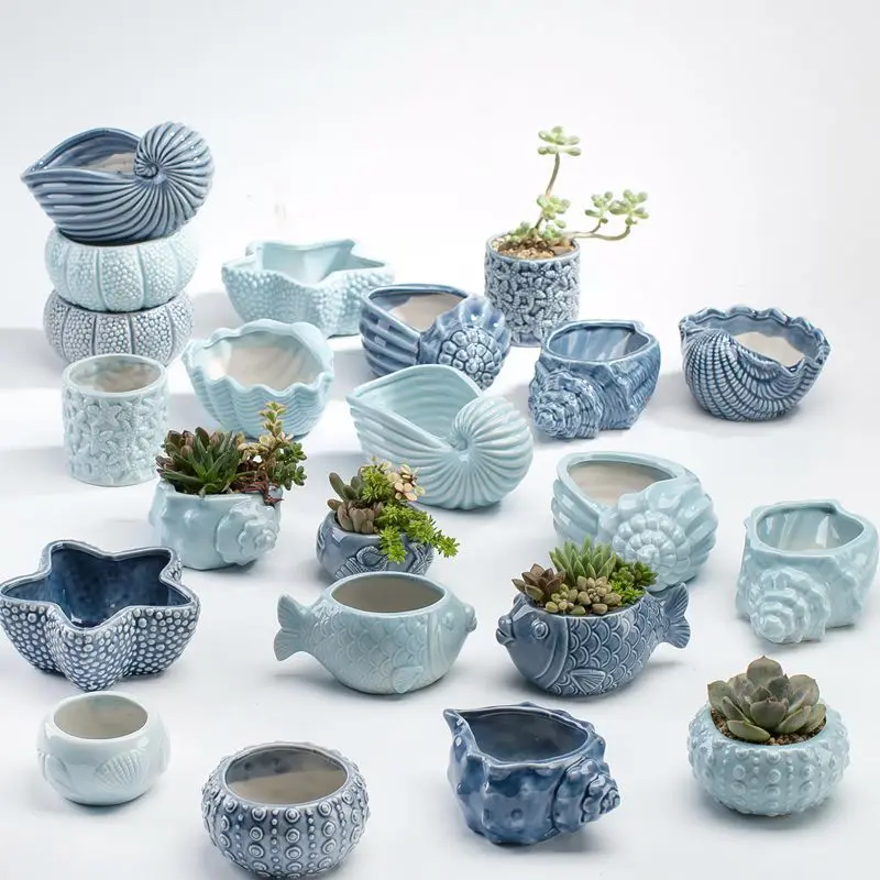 home decoration Succulent cactus flowerpot fish/ shell shape mini blue ceramic flower plant pots