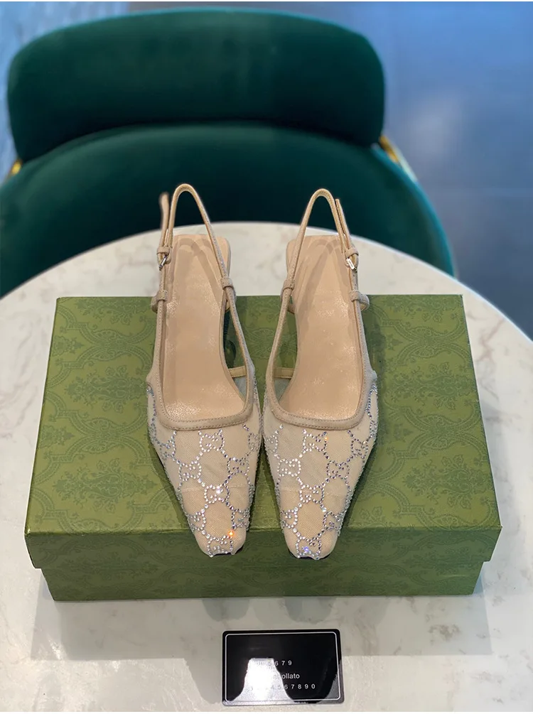 2024 Spring/summer new sexy square mesh hot water diamond and square heel sandal lady