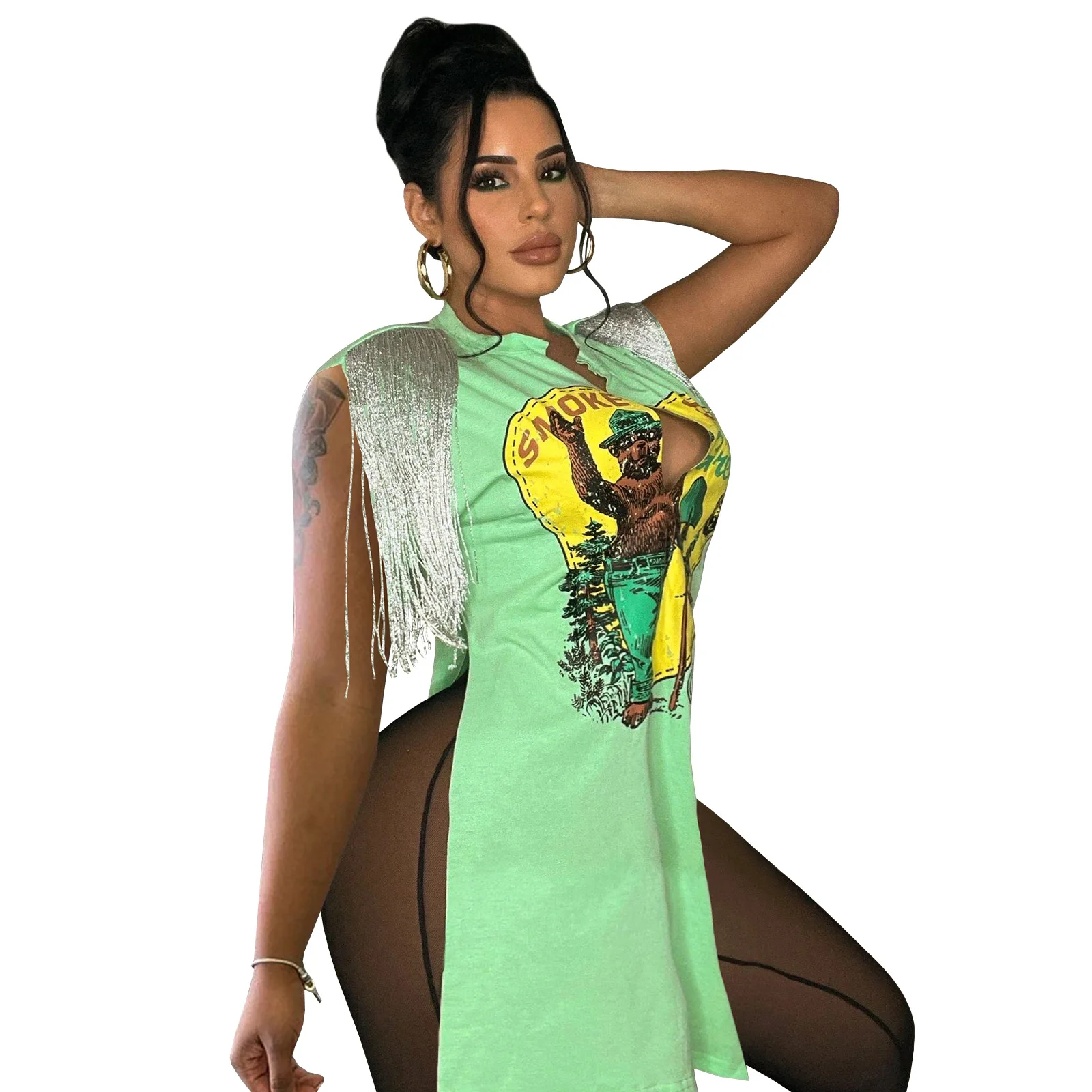 Wholesale Graphic Printed Tassel T shirt Dress For Women Deep V-neck Hip Hop Sleeveless Split Mini Dresses