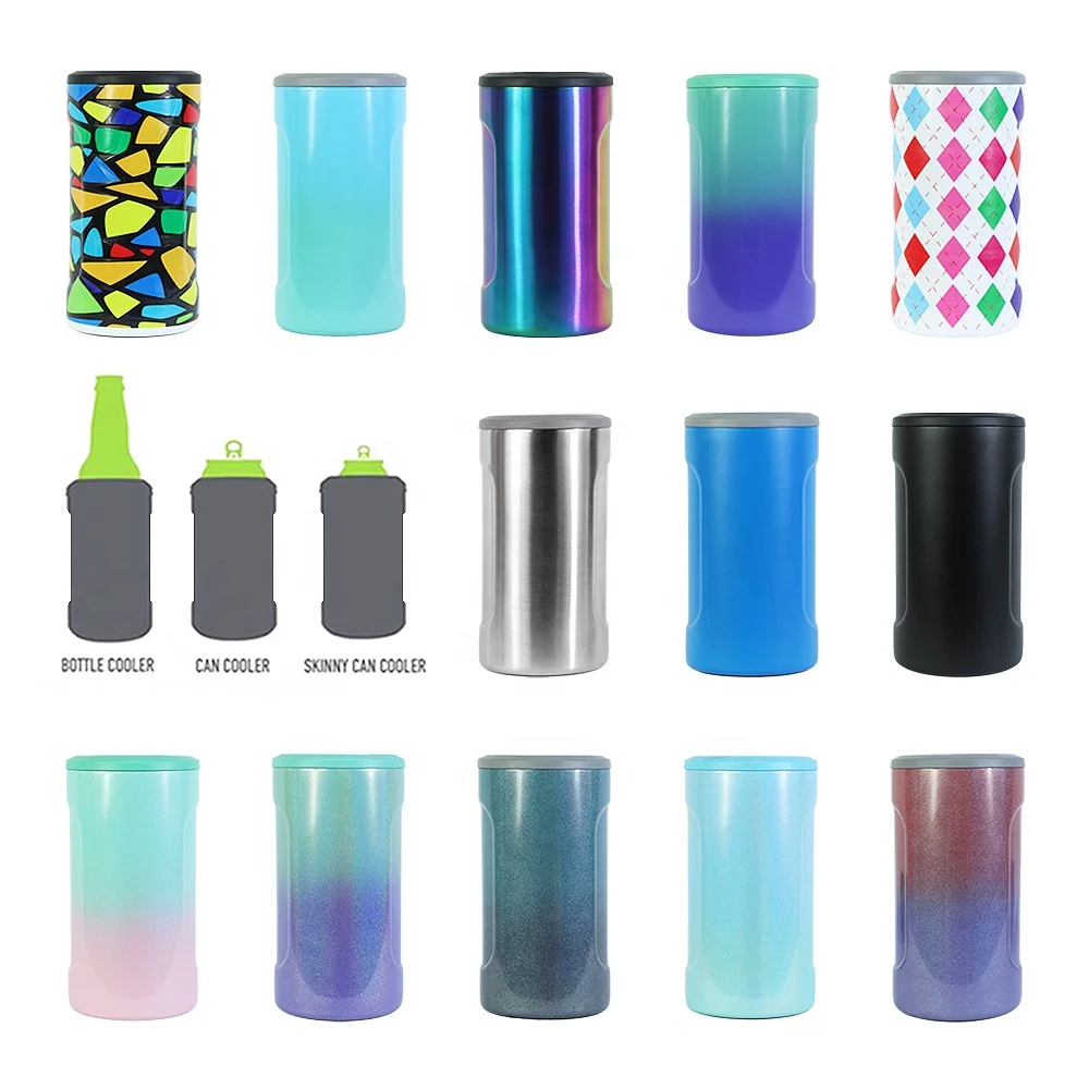 Universal Vacuum Insulated Stainless Steel 4 in 1 Can Cooler  Fits all 12oz Regular Or Slim Cans Bottles Keep Cold Up To 6 Hours