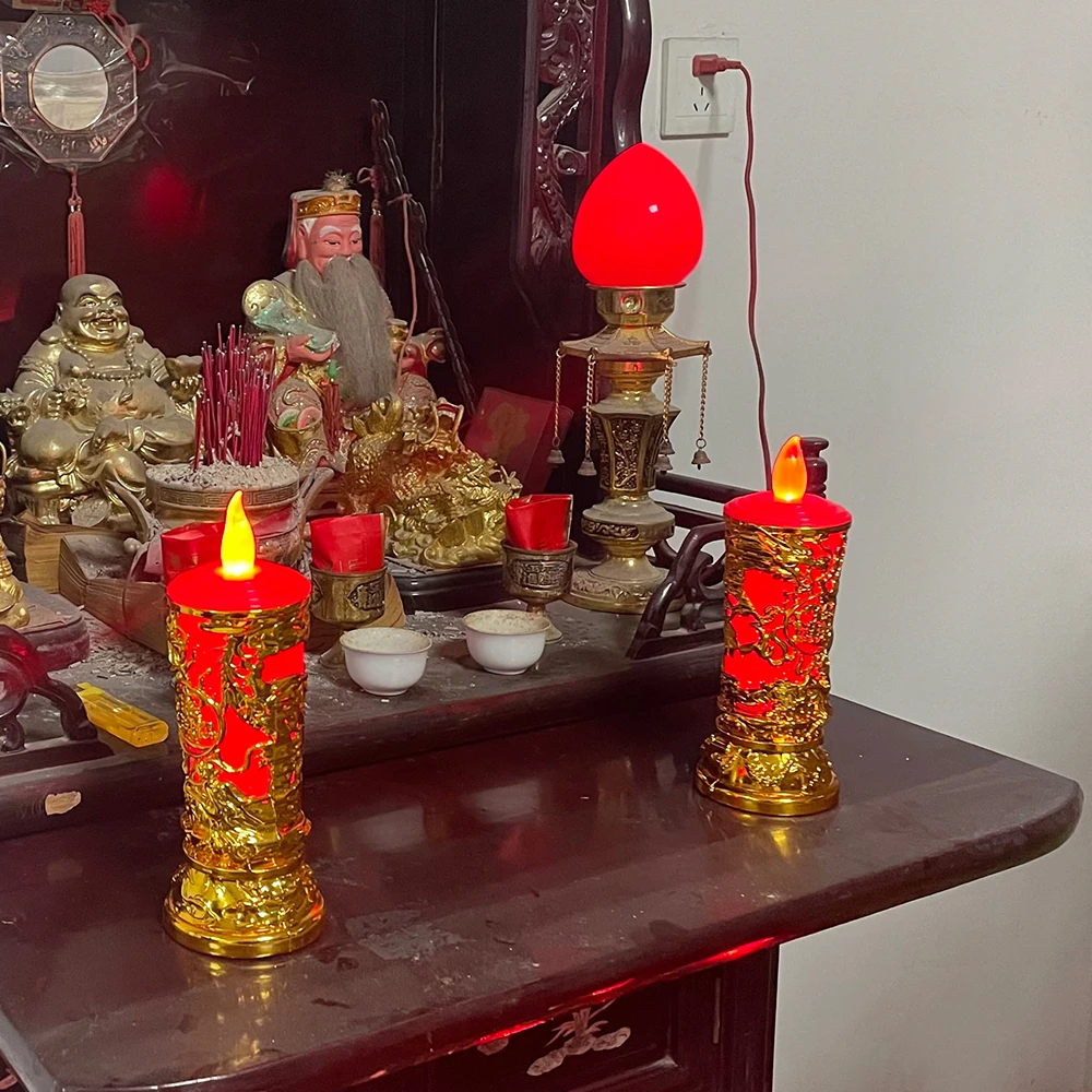 GF1242FL LED Golden Dragon Pattern Electronic Candle Buddha Lamp Red Pillar Smokeless Candles Light for Land God Temple
