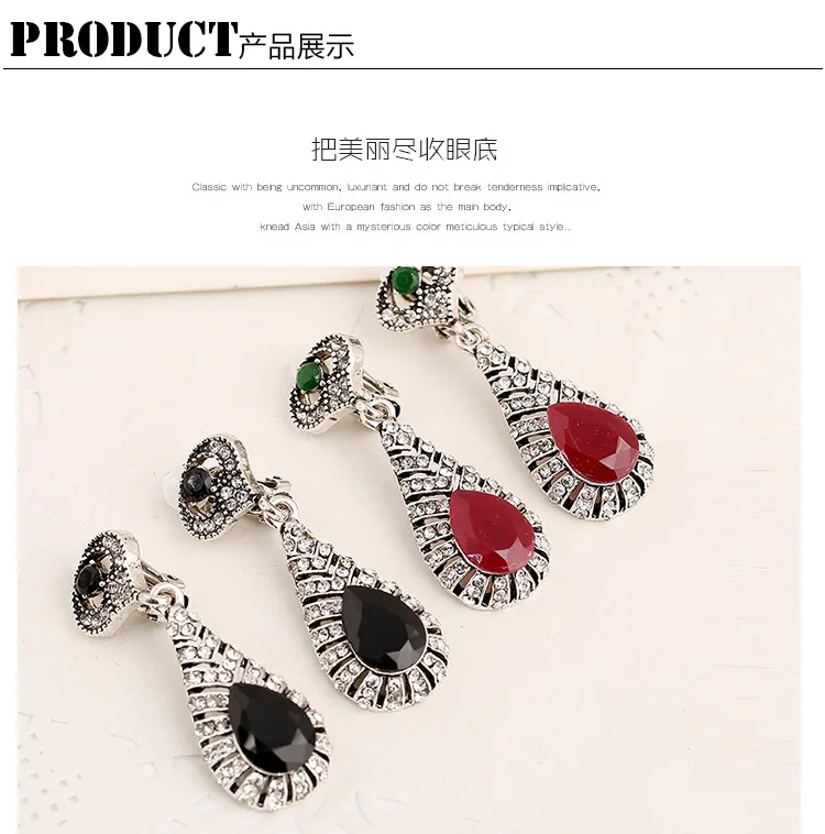 2020 Fashion Bridal Vintage Red Crystal Teardrop Clip On Earrings Non Pierced Long Dangle for Women Girls