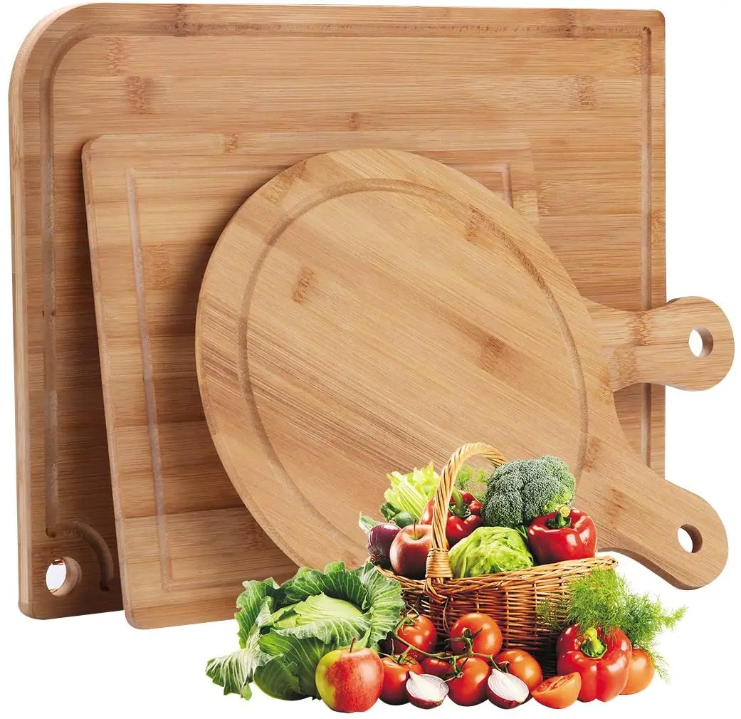 round bamboo pizza board Organic Bamboo Cutting Board Set 3-Piece with Juice Groove