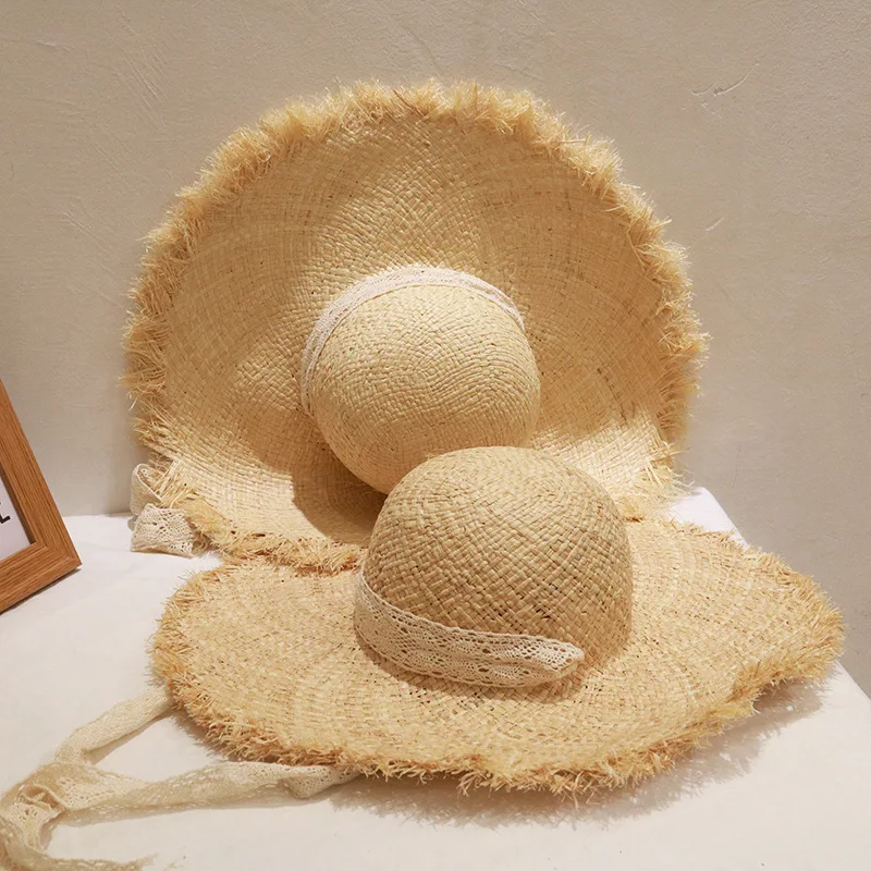 Summer sun protection wide brim women floppy beach hats raffia straw hat