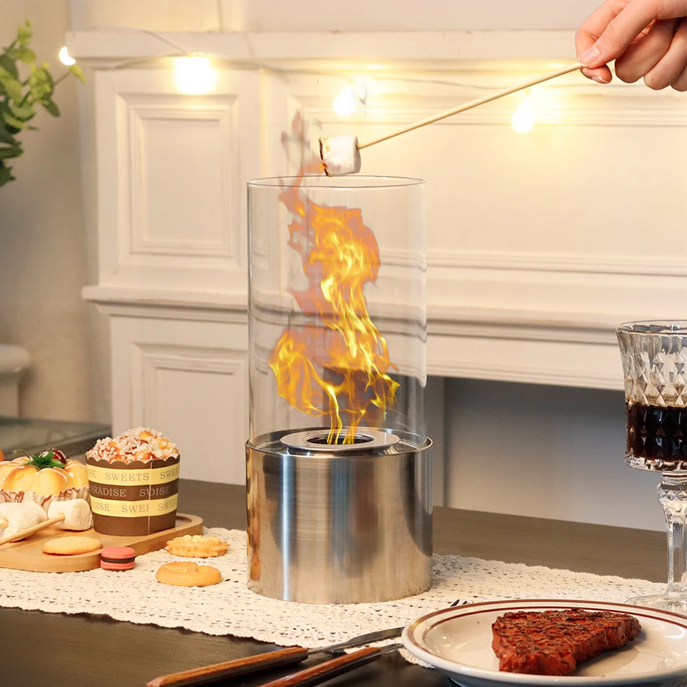 Cylinder stainless steel glass fireplace bioethanol table fire pit for outdoor indoor champing decoration