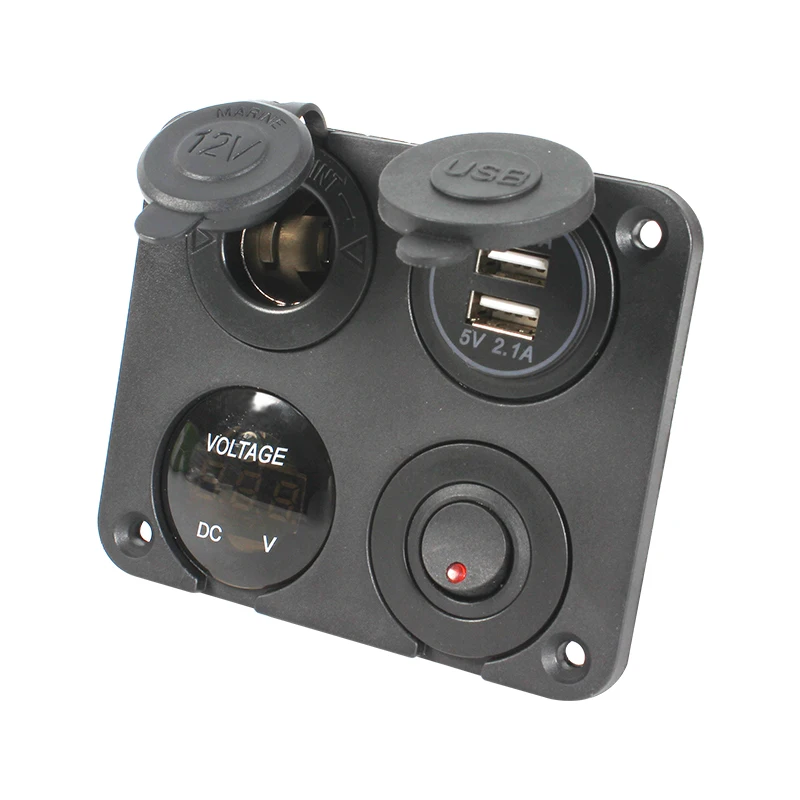 HEYRV Car Boat RV Dual USB Socket Charger 1A&2.1A + Voltmeter + 12V Power Outlet + ON-Off Toggle Switch Four Functions Panel
