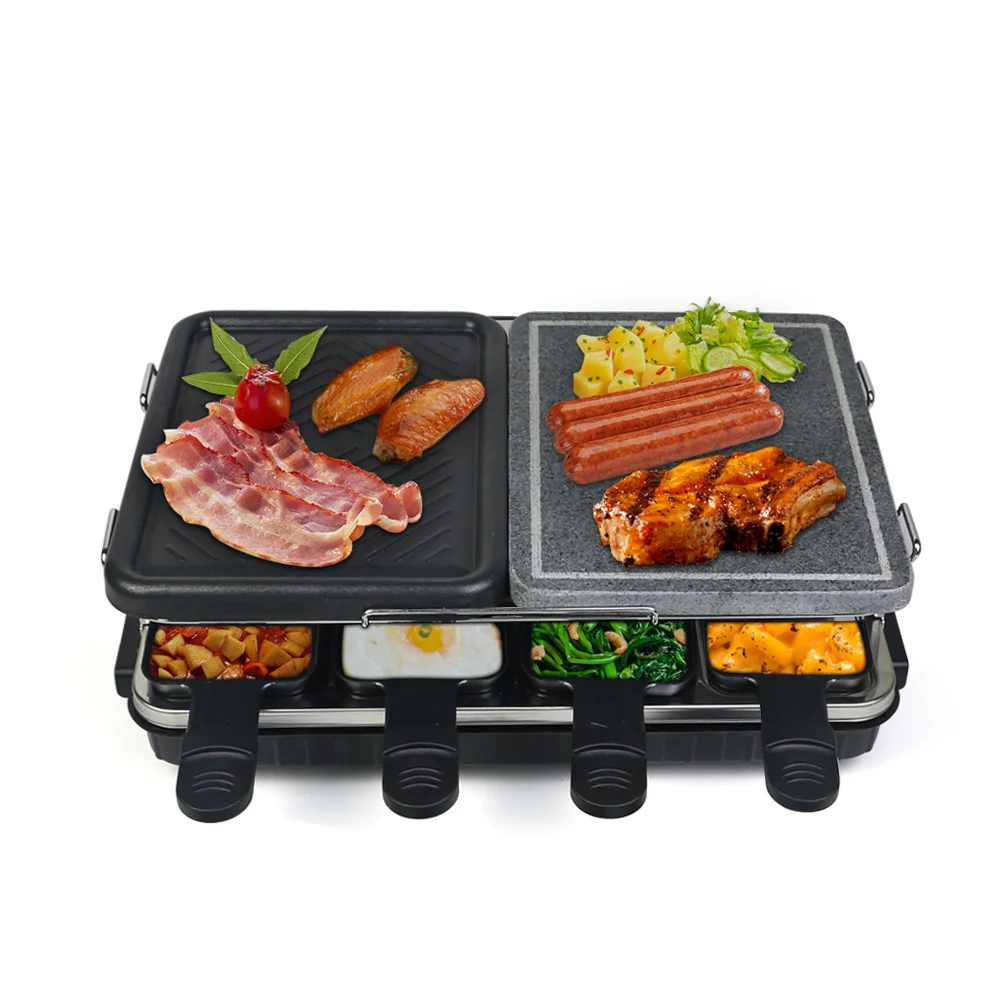 8 Persons 2 in 1 Non-Stick   Surface and Stone plate wholesale  Electric Powerful Raclette BBQ Grill Electric Grill