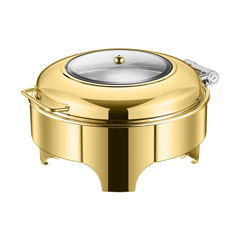 Luxury stainless steel silver and gold roll top 6.0L round chafing dish with window for banquet food warmers