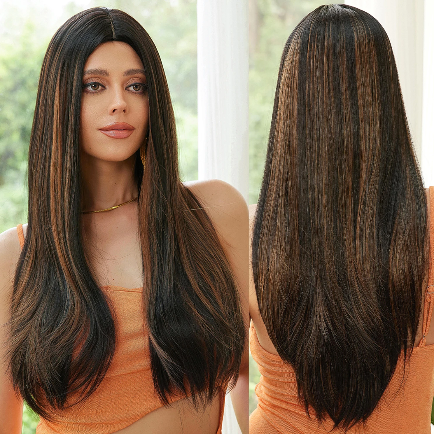 Heat Resistant Chemical Fiber Straight Hair Synthetic Wig Filament Black Ombre Red Striped Real Scene
