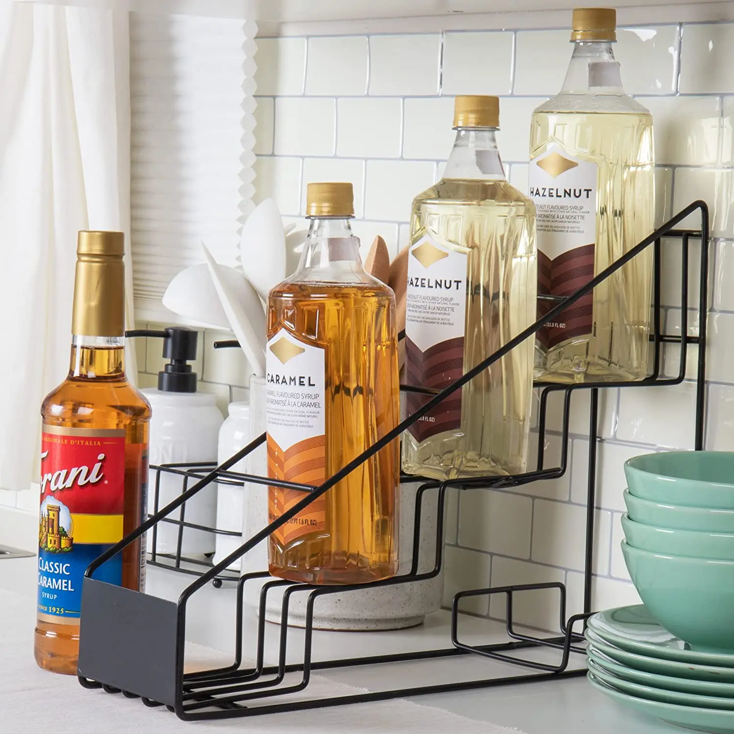 Syrup Bottle Holder, Wire 4 Compartment Bottle Organizer, Storage for Syrup, Wine
