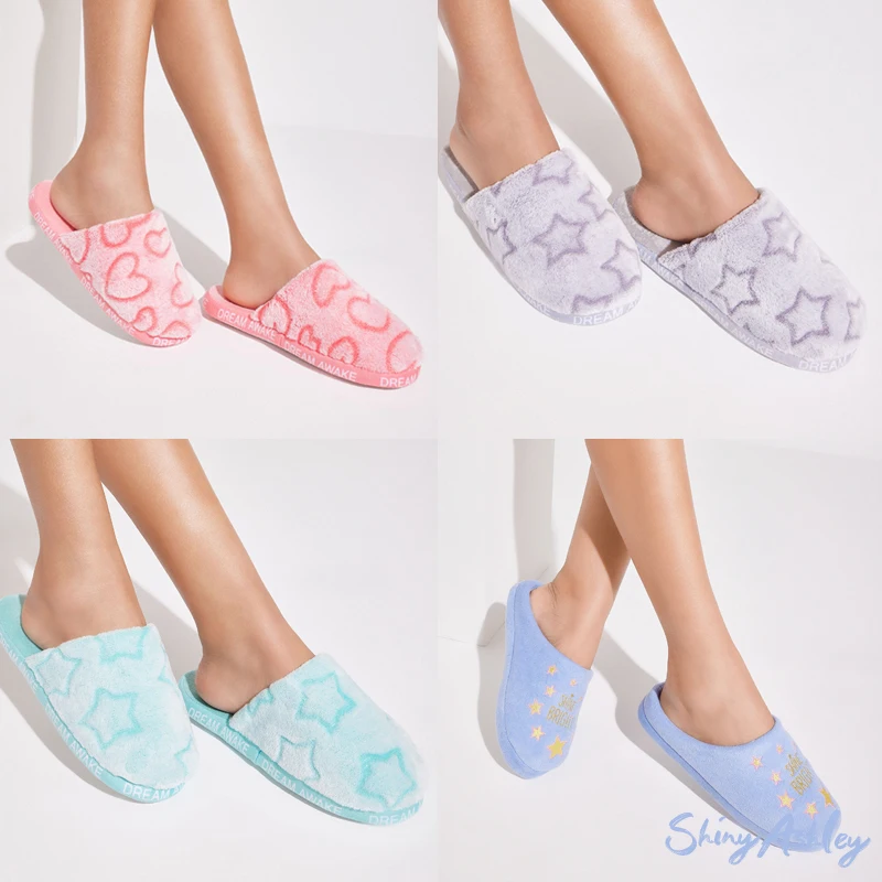 New arrival women flat slippers cute daily fuzzing indoor slippers half pack cut flowers foil print women indoor slippers