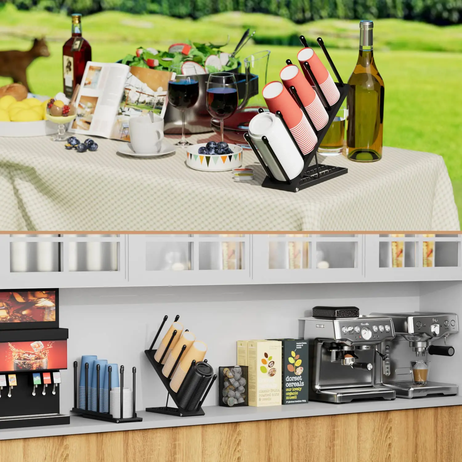 Metal Cup And Lid Organizer Holder Coffee Cup Holder For Desktop 4 Compartment Cup Dispenser Straw Holder Storage