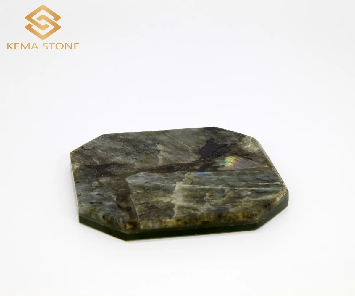 Luxe Creative Natural Square Shining Labradorite Blue Granite Table Coaster with Glass Backing
