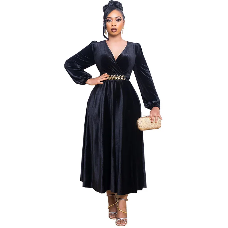 2023 Velvet Elegant Formal Party Dresses For Women Fashion Female V Neck Long Sleeve Vintage Solid Mid Dress Come With Belt