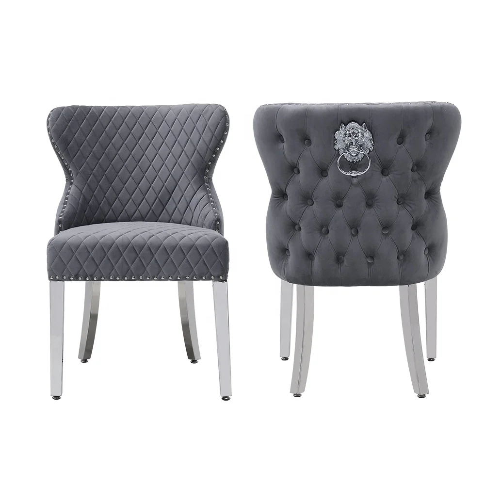 luxury lion knocker dinning chair sets modern silver stainless steel velvet fabric dining room chairs