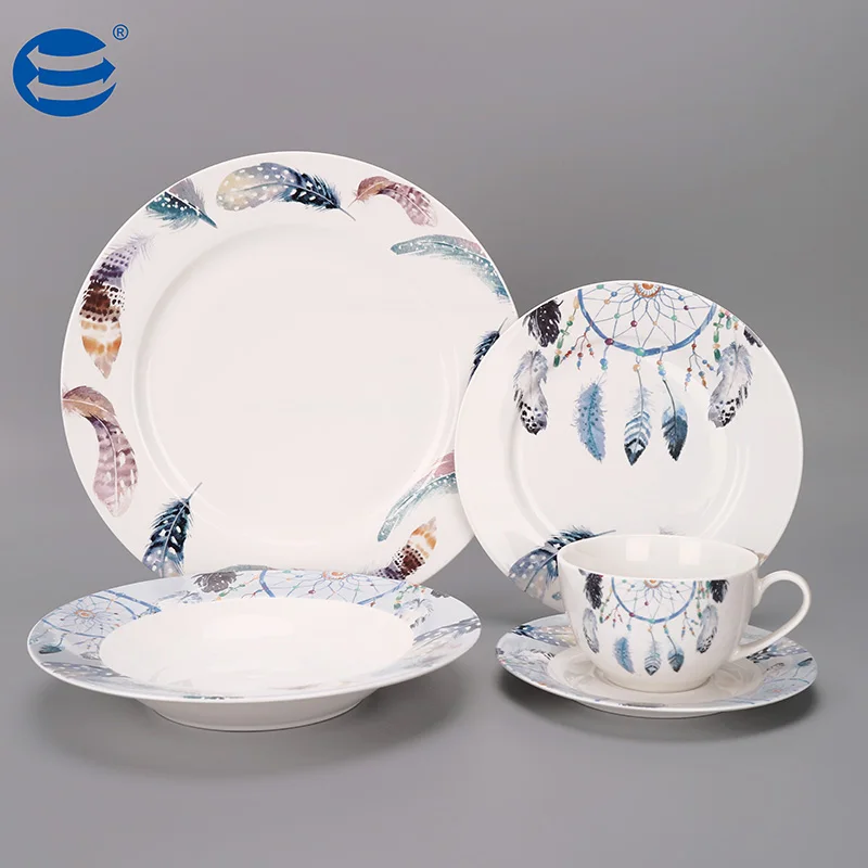 Custom Color Feather Printing Ceramic Dinner Set Luxury Porcelain Dinnerware New Bone China with Tea Pot Coffee Cup