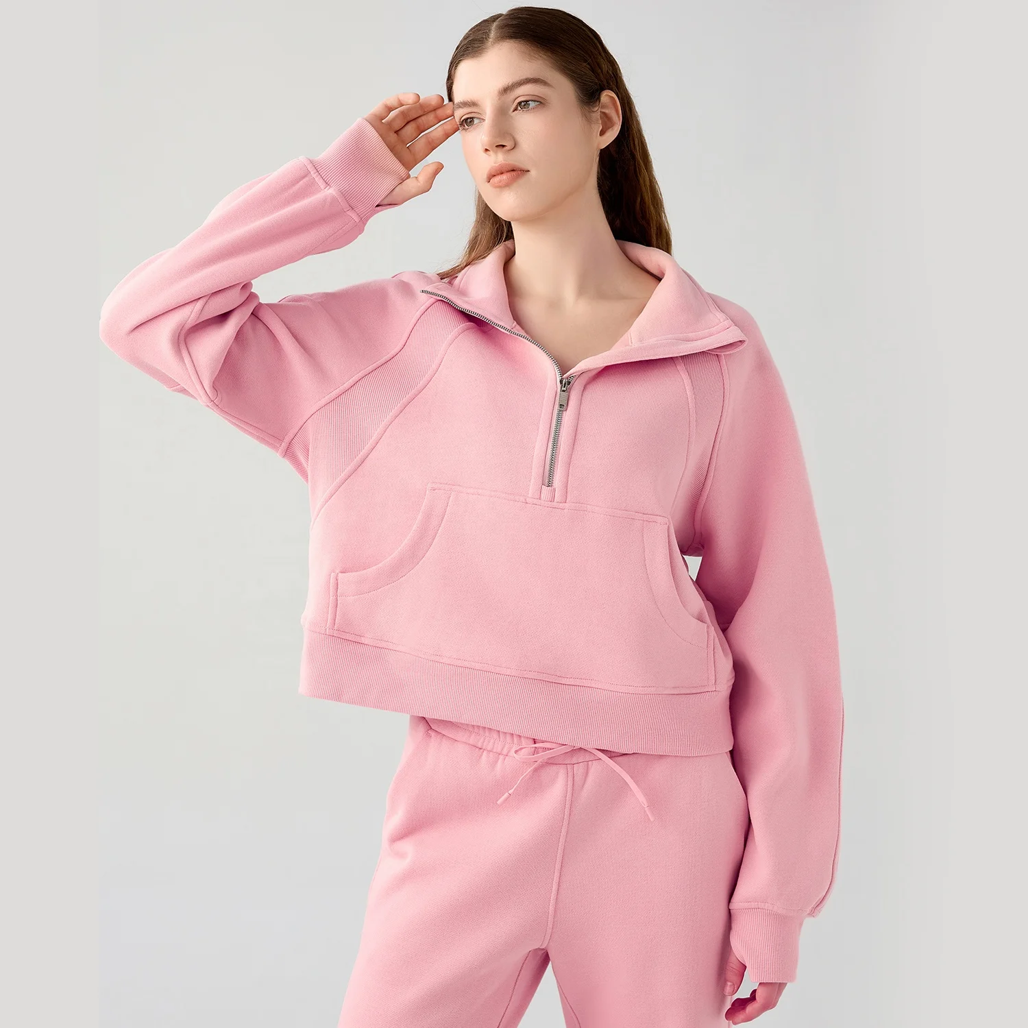 Winter Fleece Quarter Zip Unisex Pocket Pullovers Wholesale Womens Sports Hoodies With Thumb Hole 65cotton 35nylon