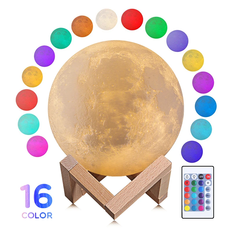 Round Led Night Light 3D Print Moon Lamp Colorful Change USB Rechargeable Touch Switch Luna Moonlight Home Decoration Creative