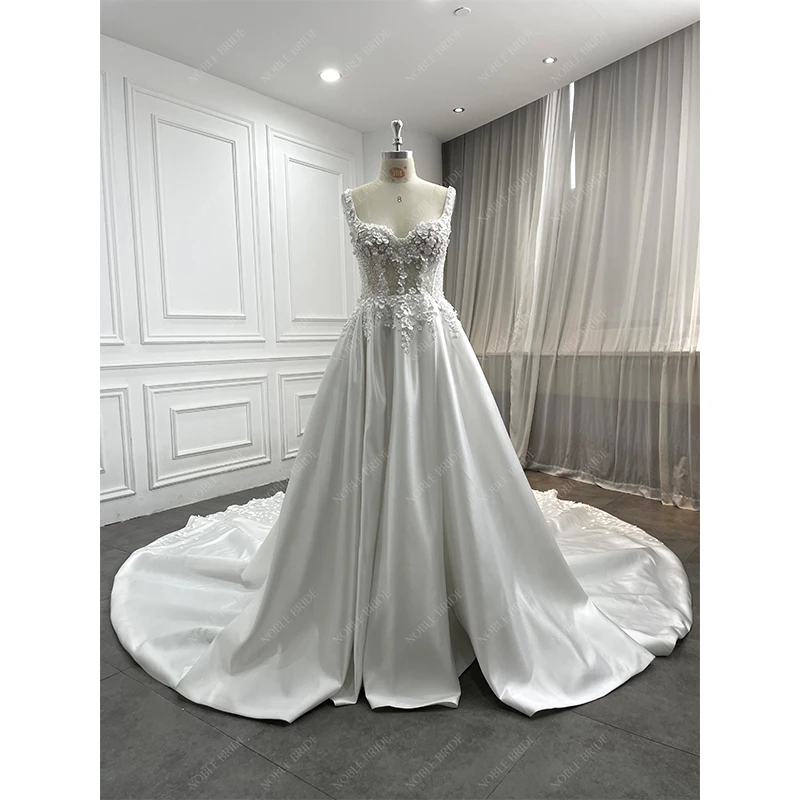 Women Minimalist Beaded Lace 3D Flower Pearl Satin Wedding Dresses Bridal A Line Sweetheart Cathedral Train Gown with Pockets
