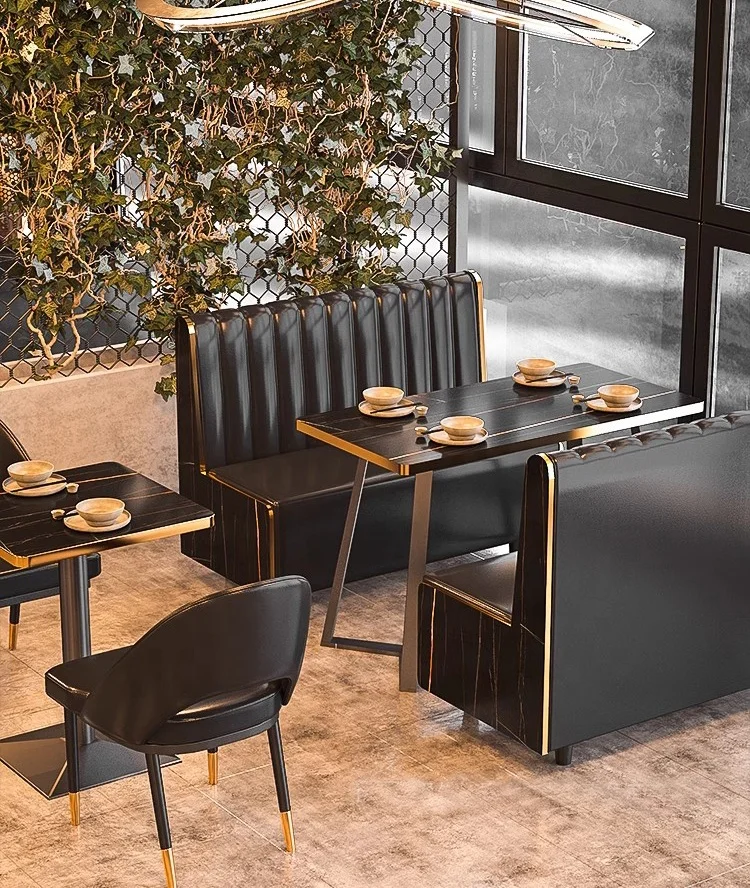 Luxury restaurant furniture sofa set black marble look dining table and chairs booth seating for club cafe pub bar