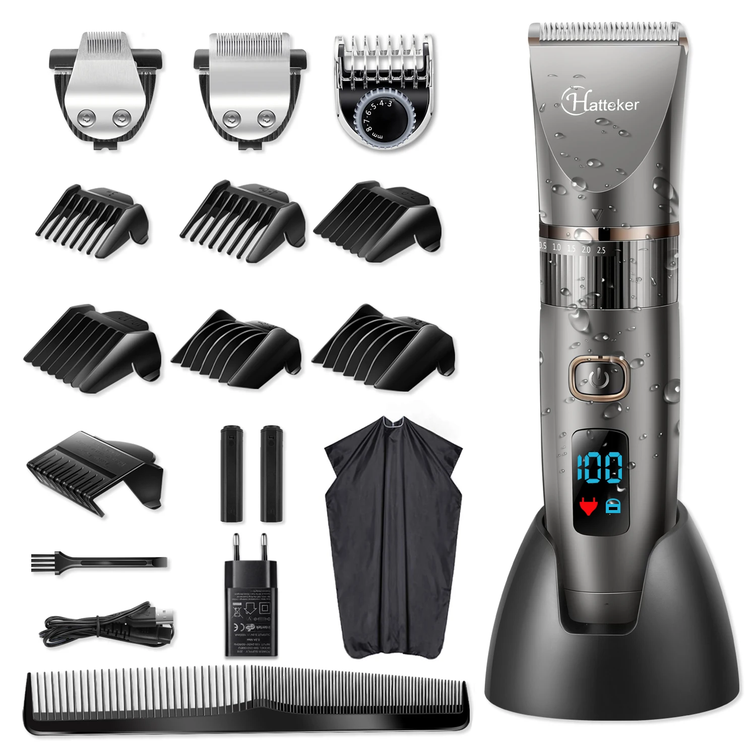 Hatteker 3 In 1 for Men Hair Cutting Kit LED Display Beard Trimmer Hair Clippers
