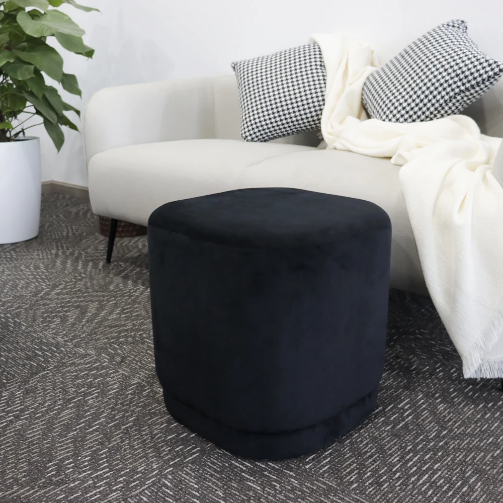 Modern Home Ottoman Stool Black Stool Round Pouf Velvet Fabric Foot Stool