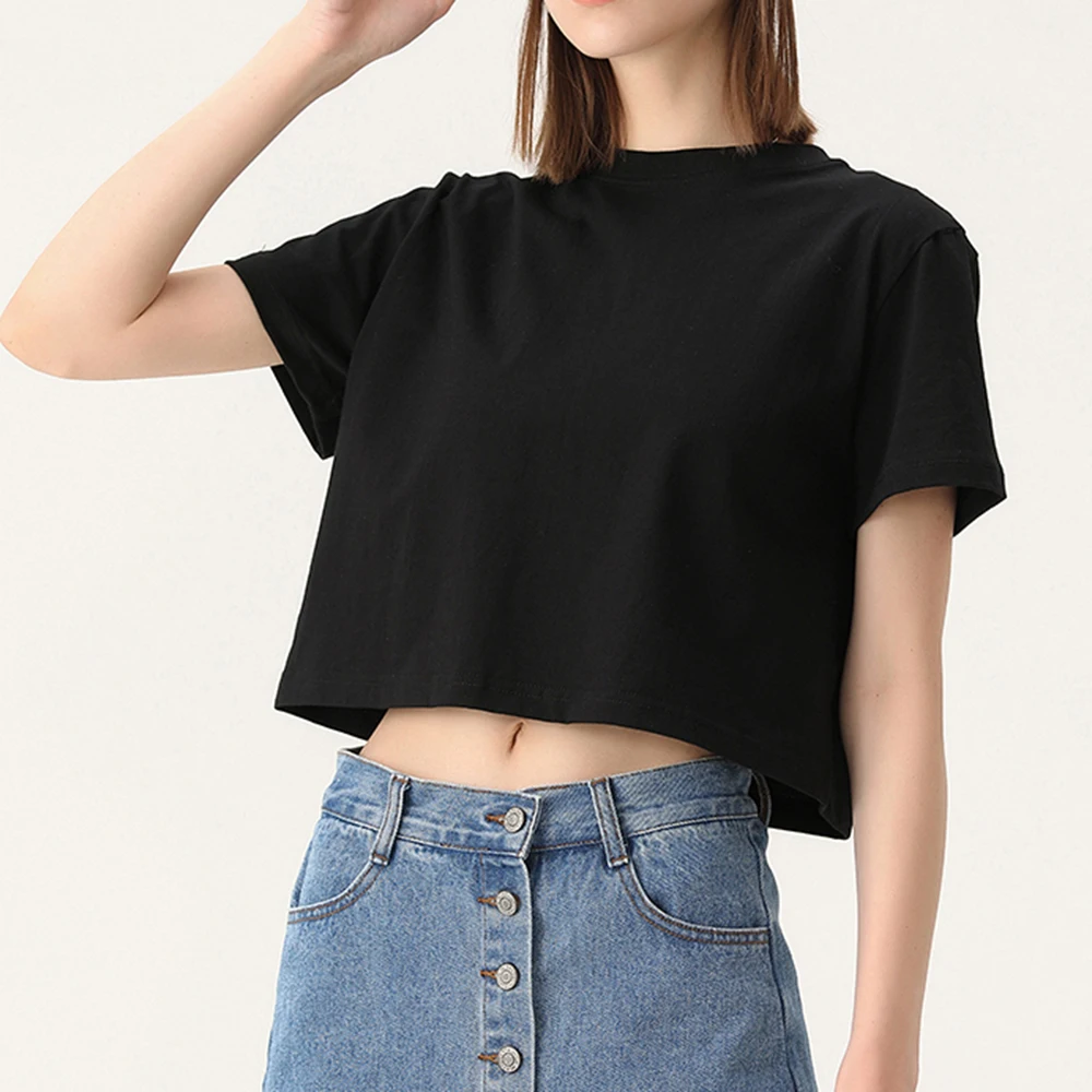 Summer 100%  Cotton Sexy Casual Acid Wash Retro Embroidery Print Short Navel Cropped Crop Tops For Women Crop Top T-Shirt