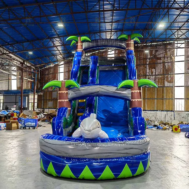 Dolphin theme inflatable water slide with water pool kids summer palm tree game inflatables slide with water pool and blower