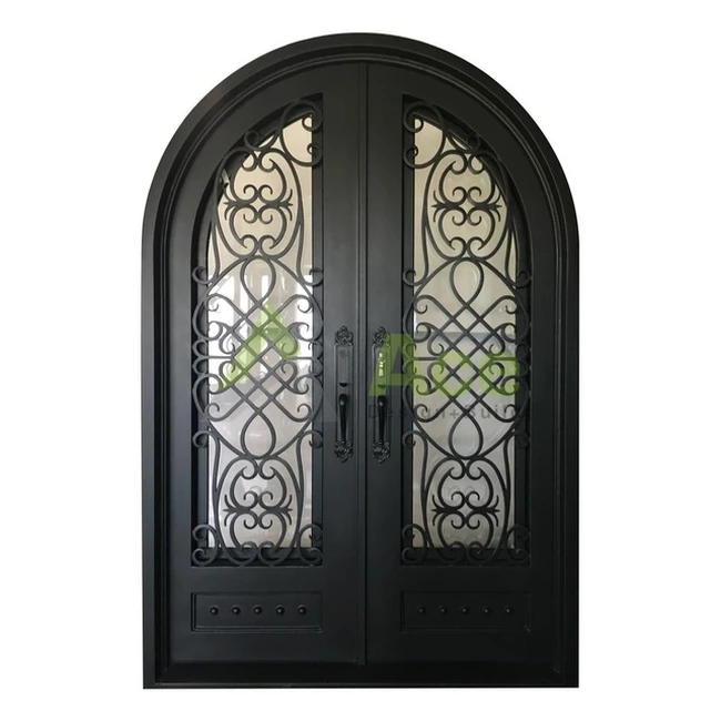 China manufacturer house main entry door exterior rustic arch decorative double wrought iron entrance front doors
