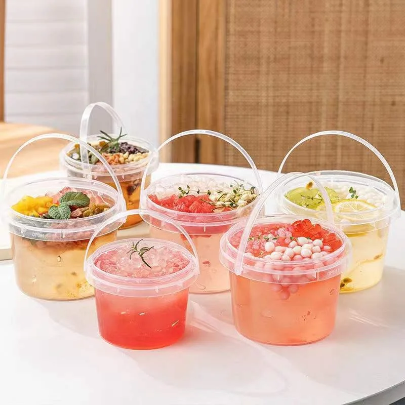 300ml plastic bucket take away boba bubble tea plastic cup with handle
