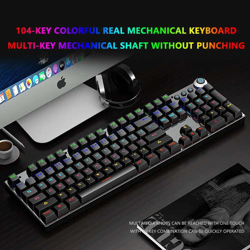 104 keys Multi-functionl Knob Mechanical Keyboard Brushed metal panel fast switching,real mechanical shaft keyboard