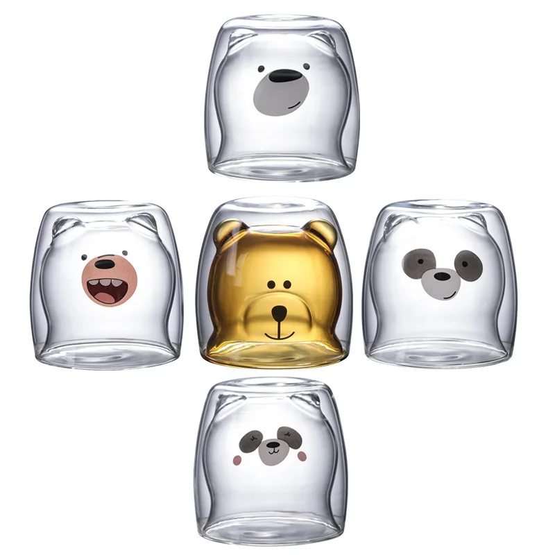 HY wholesale nordic glass cup high borosilicate double layer heat resistant glass bear cup cartoon creative drinking glass cup