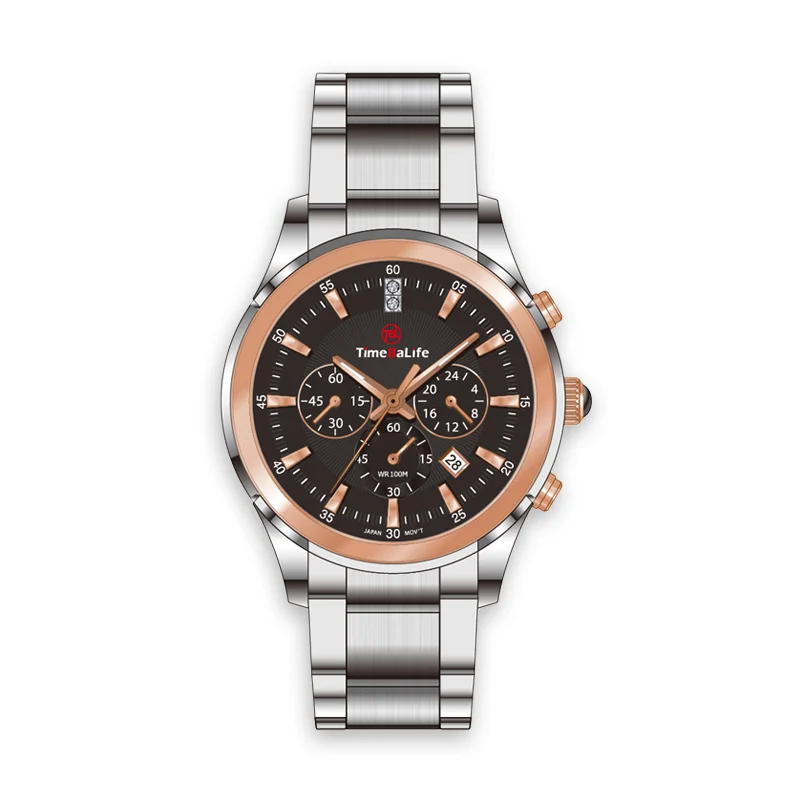 High Quality OEM Stainless Steel Quartz Watch for Men Custom Logo Chronograph Diver Calendar Features 3bar Water Resistance